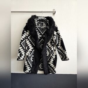 Apache geometric pattern hooded cardigan / coat with faux fur